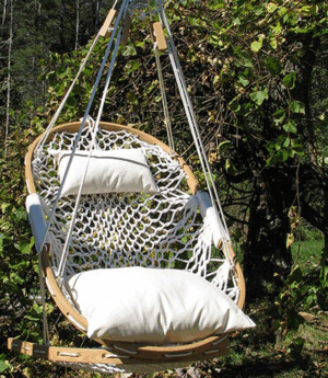 Hanging Hammock chair with oak frame and a soft woven hammock seat